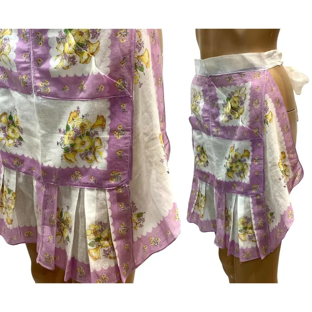 Vintage 50s Lilac Floral Hankie Apron Handmade Sheer Hostess Tea Apron